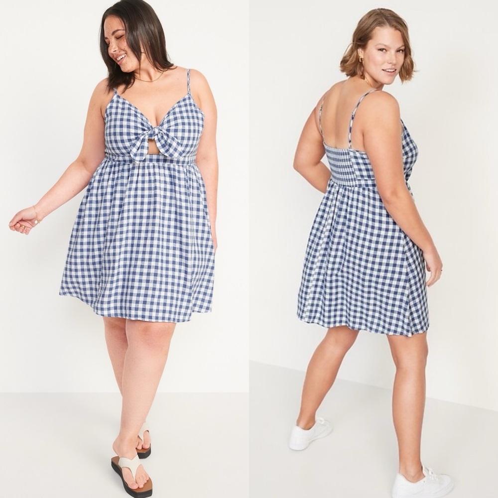 NWOT Old Navy Womens Fit & Flare Tie Front Smocked Mini Cami Dress 4X Blue Linen